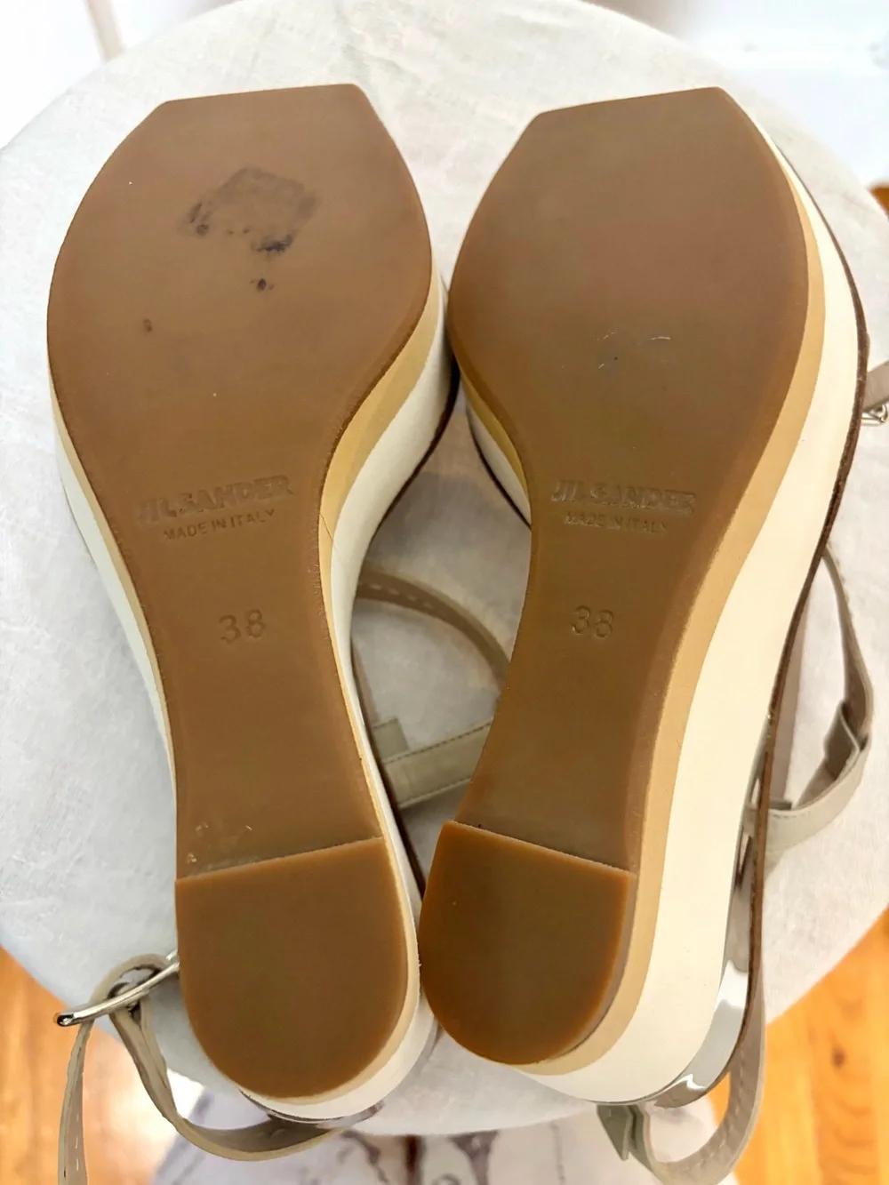 Jil Sander Strappy Leather and Rope Wedge Sandals, beige w/silver, 38, GUC
